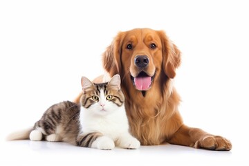 Cat and dog sitting together isolated on white background - Pet concept : Generative AI