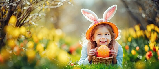 Children in bunny ears search for chocolate eggs and candy during a springtime holiday called Easter which has Christian roots