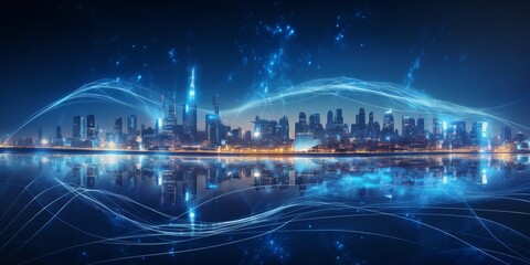 Poster - Smart city and big data connection technology concept with digital blue wavy wires with antennas on night megapolis city skyline background, double exposure : Generative AI