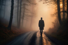 Man Walking On The Road In The Misty Forest At Sunrise.