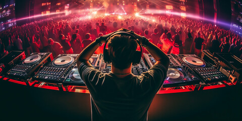 a dj view from the back playing on the decks with his hands on a headphone fitted on his ears