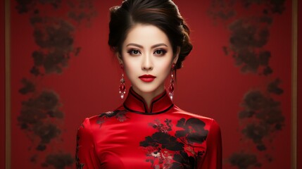 Chinese New Year Celebration, a young Asian lady dressed in a classic red cheongsam festivities of Chinese New Year, attire exudes both traditional and style.