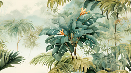  watercolor painting of tropical trees and leaves