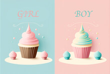 Gender Party Invitation - Boy Or Girl, With Pink And Blue Cupcakes. Cupcakes For A Baby Gender Reveal Party - Girl Or Boy. Invitation To A Children's Party. Postcard, Invitation