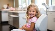 © Kowit - Close up of happy girl showing teeth at dental clinic during dental check up. People, medicine, stomatology and health care concept