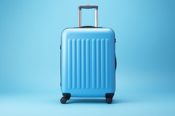 Airport vibes Get ready for takeoff with a blue suitcase on wheels against a contemporary blue backdrop, ideal for your travel design is AI Generative.