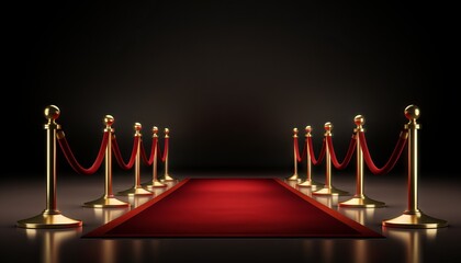 Wall Mural - Realistic red carpet and pedestal with illumination and barrier fences with velvet rope