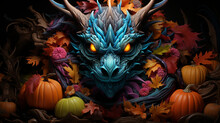 Halloween Dragon Head Autumn Art With Pumpkins