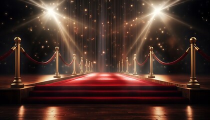 Wall Mural - Realistic red carpet and pedestal with illumination and barrier fences with velvet rope