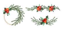 Christmas Garlands And Wreaths. Elements For Design With Poinsettia, Mistletoe Leaves, Fir Branches, Holly Berries And Christmas Balls. Vector Illustration. 
