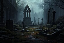 Forgotten Cemetery With Crumbling Tombstones In Dark