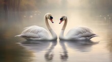 Two Graceful Swans Swimming In Sync