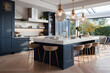 Navy blue elegance in a modern kitchen with white marble countertops and pendant lights