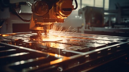 Wall Mural - A CNC machine precisely carving a metal component. A factory floor with robotic arms assembling automobile parts.