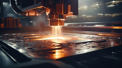 Wall Mural - A CNC machine precisely carving a metal component. A factory floor with robotic arms assembling automobile parts.