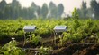 A smart irrigation system with sensors in the field and a control panel. Smart irrigation systems use sensors to monitor soil moisture levels and weather conditions. Biotechnology.