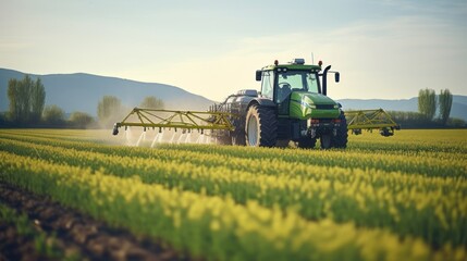 Wall Mural - Agriculture: A drone image of a tractor spraying pesticides on a lush green orchard. A vast field of wheat ready for harvest, with a blue sky in the background.