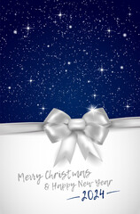 Wall Mural - Merry Christmas and Happy New Year 2024 card with silver bow, snowflakes and shiny stars