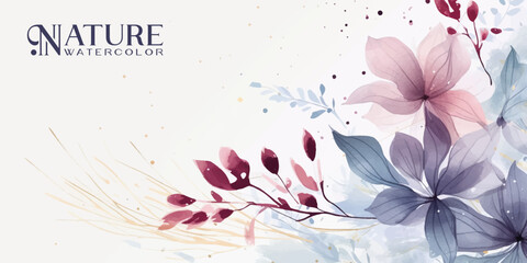 Wall Mural - winter background design with watercolor brush texture, flower and botanical leaves watercolor hand 