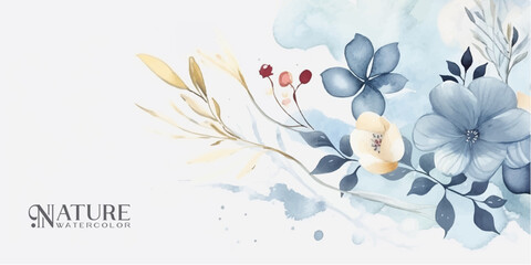 Wall Mural - winter background design with watercolor brush texture, flower and botanical leaves watercolor hand 