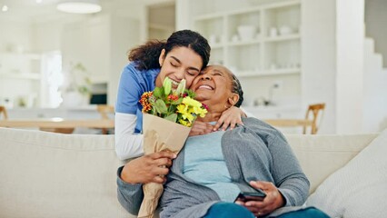 Wall Mural - Sofa, flowers and elderly woman with caregiver for bonding, kindness or care in retirement home. Nursing, health and nurse with bouquet for senior patient in living room for support, love or surprise