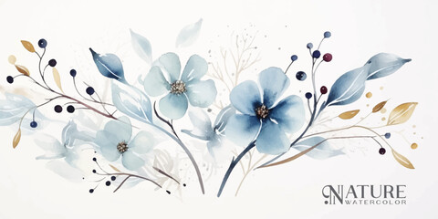 Wall Mural - winter background design with watercolor brush texture, flower and botanical leaves watercolor hand 