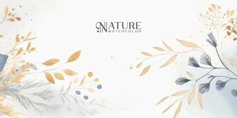 Wall Mural - winter background design with watercolor brush texture, flower and botanical leaves watercolor hand 