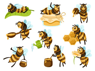 Wall Mural - Cartoon honey bee mascot. Cute bee character with organic honey pot, bottle and flower vector illustration set
