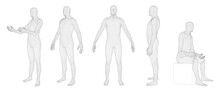 Wireframe Human Body. Polygonal 3D Mesh Male Character, Man Dummy Hologram Grid And Virtual Reality Cyber Human Model. Vector Set With Editable Stroke Paths