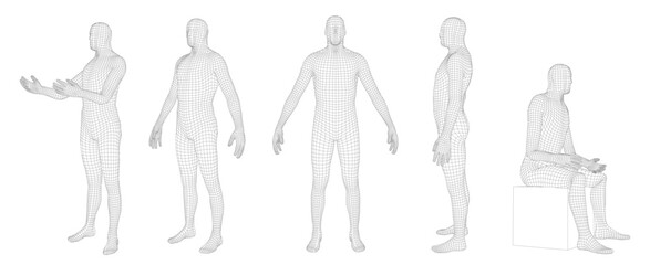 wireframe human body. polygonal 3d mesh male character, man dummy hologram grid and virtual reality 