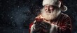 Santa Claus gifting a small box on a snowy night