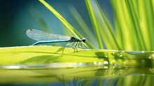  A Blue Dragonfly Sitting On Top Of A Green Leaf.  Generative Ai