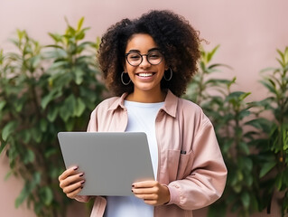 Happy smiling African American teenager student holding laptop using computer technology presenting elearning, online education websites isolated on light beige background