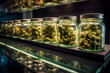 jars of cannabis buds on dispensary shelf