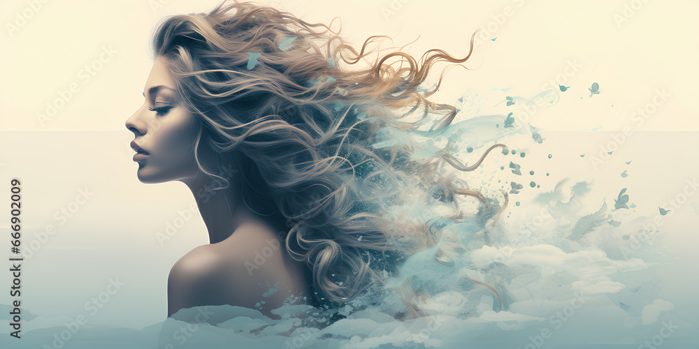 Woman portrait with double exposure and with a flower and flying birds ...