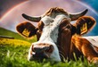 AI generated illustration of a brown cow on a lush green meadow against a colorful rainbow