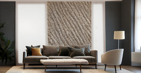 modern living room with sofa Fiber wallpaper in a modern living room with soft, natural lighting.