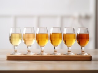 A flight of various cider samples in stylish glasses. A fall drink for Thanksgiving.