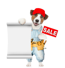 Poster - Funny puppy wearing overalls with tool belt shows empty list and signboard with labeled 