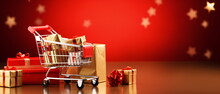 A Shopping Cart Full Of Christmas Presents And Gift Boxes With Snowfall. Christmas And New Year Festive Promotion Sale Minimal Concept Supermarket Trolley. Generative Ai