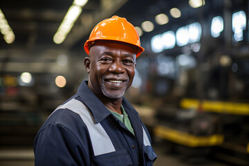 A happy male senior African American worker in a factory