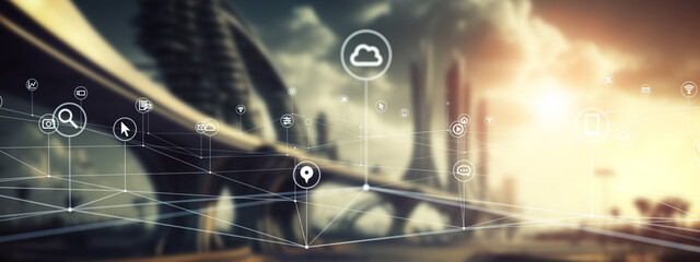 Futuristic city buildings and communication network concept.