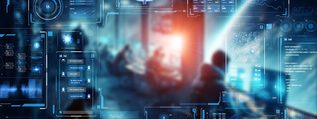 Aufkleber - Group of people working in office and futuristic graphical user interface concept.