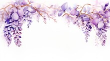 Watercolor Wisteria With Gold Leaves, Frame On White Background With Copy Space