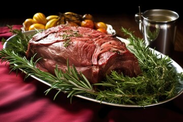 Wall Mural - beef roast on a platter, framed by fresh rosemary sprigs