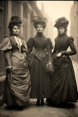 portrait of three women - old black and white street photograph from the Victorian era