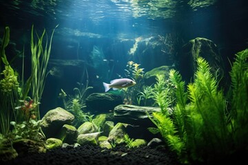 Wall Mural - a fish in an aquarium with plants that don胢t belong to its natural habitat