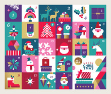 Christmas Cartoon Advent Calendar In Modern Geometric Style. Twenty Five Christmas Countdown Vector Illustration Set. 