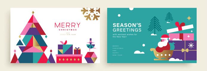 Wall Mural - Set of Merry Christmas and Happy New Year 2024 vector illustration for greeting cards, posters, holiday covers in modern minimalist geometric style.