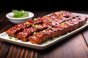 Canvas Print - side view of tempeh ribs coated in bbq sauce on a rectangular plate